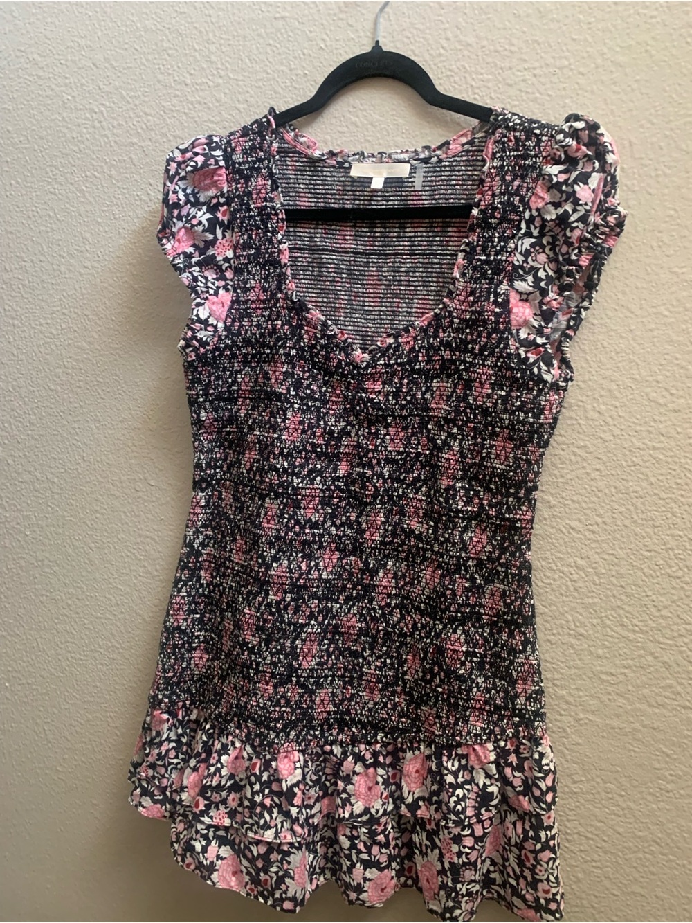 LoveShackFancy Black and Pink Smocked Floral Tunic